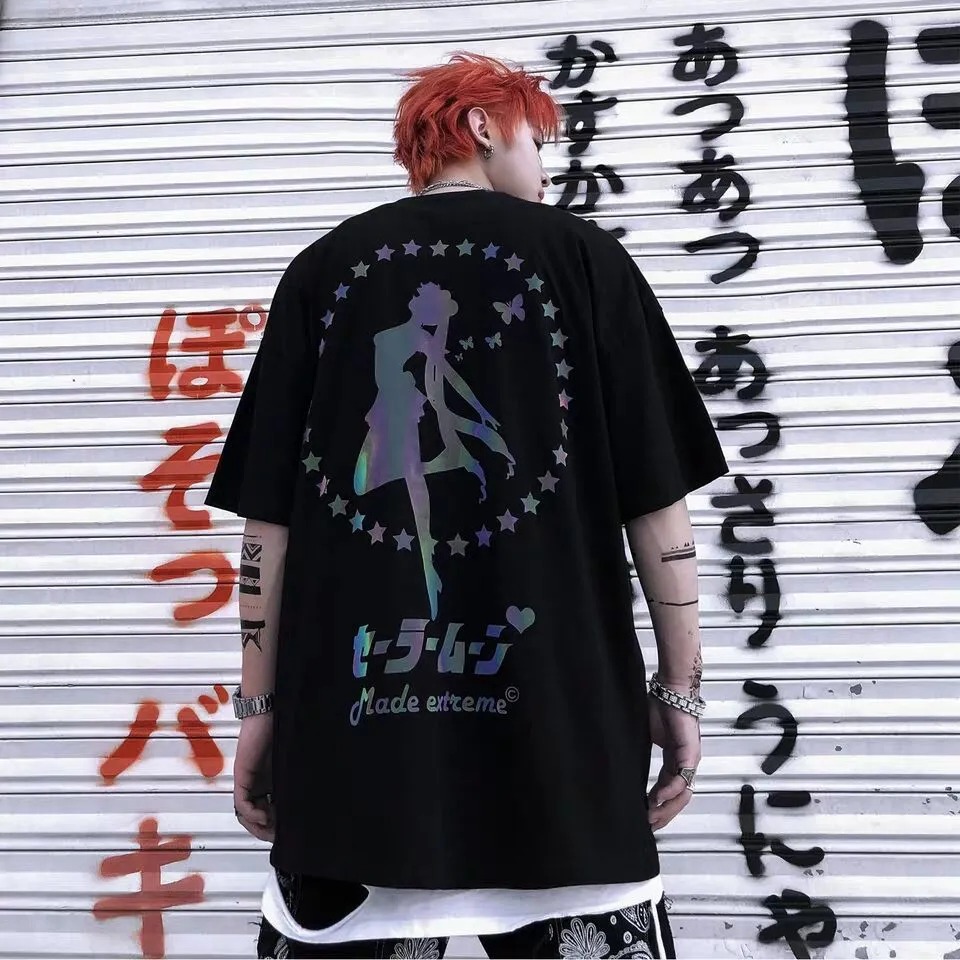 oversize街頭休閑短袖T恤反光印花潮流情侶夏季嘻哈寬松五分袖男t oversize街頭休閑短袖T恤反光印花潮流情侶夏季嘻哈寬松五分袖男t