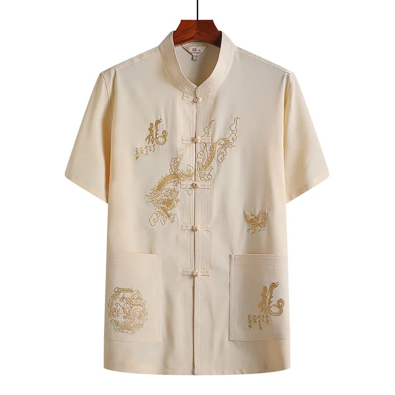 夏季短袖中式龍圖手工唐裝套裝中式風爸爸裝漢服【買一送一】 夏季短袖中式龍圖手工唐裝套裝中式風爸爸裝漢服【買一送一】