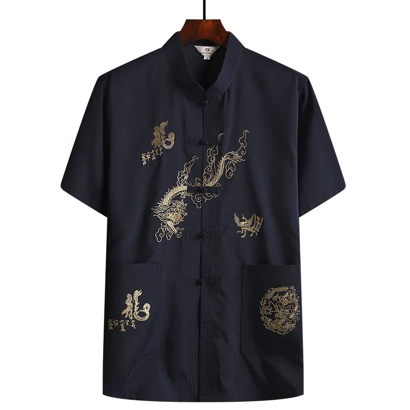 夏季短袖中式龍圖手工唐裝套裝中式風爸爸裝漢服【買一送一】 夏季短袖中式龍圖手工唐裝套裝中式風爸爸裝漢服【買一送一】