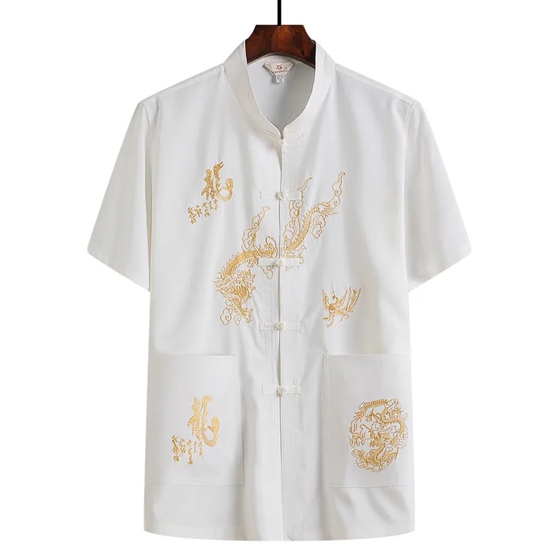 夏季短袖中式龍圖手工唐裝套裝中式風爸爸裝漢服【買一送一】 夏季短袖中式龍圖手工唐裝套裝中式風爸爸裝漢服【買一送一】