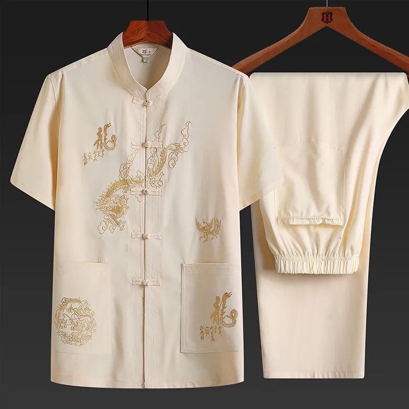 夏季短袖中式龍圖手工唐裝套裝中式風爸爸裝漢服【買一送一】 夏季短袖中式龍圖手工唐裝套裝中式風爸爸裝漢服【買一送一】