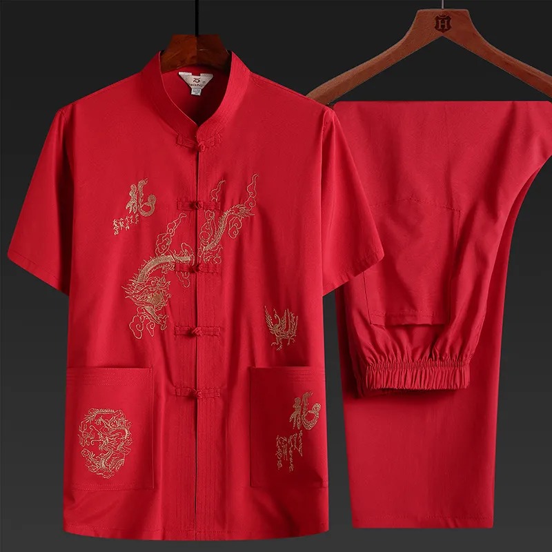 夏季短袖中式龍圖手工唐裝套裝中式風爸爸裝漢服【買一送一】 夏季短袖中式龍圖手工唐裝套裝中式風爸爸裝漢服【買一送一】