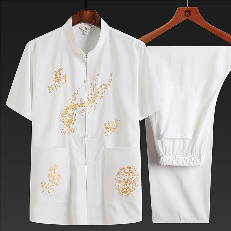 夏季短袖中式龍圖手工唐裝套裝中式風爸爸裝漢服【買一送一】 夏季短袖中式龍圖手工唐裝套裝中式風爸爸裝漢服【買一送一】